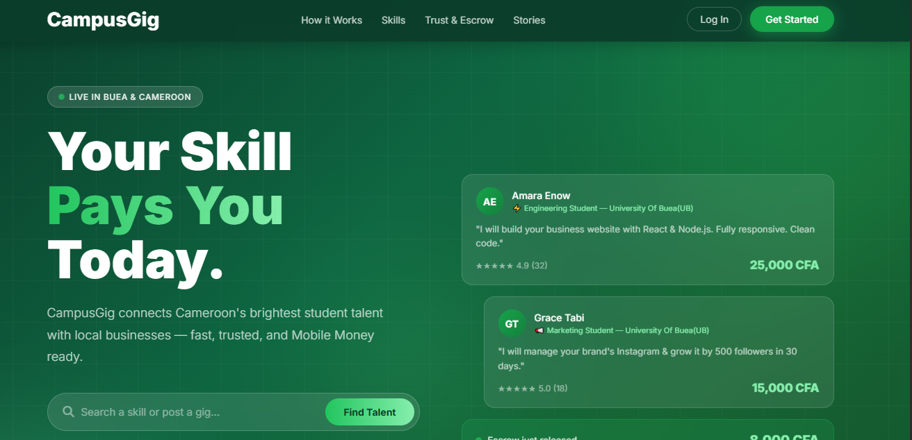 CampusGig prototype landing page using demo content